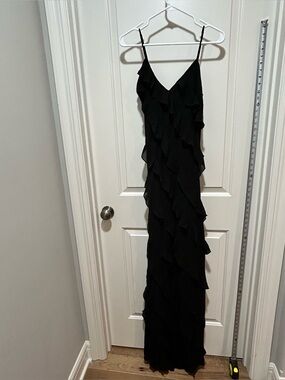 Fashion Nova women’s size M Black Felicia Chiffon Ruffle Maxi Dress NWT side zip